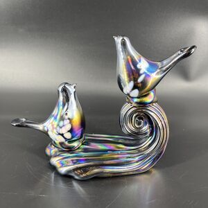 Vintage Art Glass Iridescent Two Birds Figurine Sculpture Abstract Art